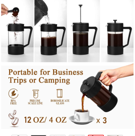 French Press Coffee & Tea Maker 12Oz, Thickened Borosilicate Glass Coffee Press Rust-Free and Dishwasher Safe,Black