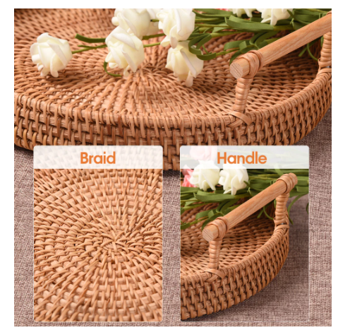 Rattan Handwoven Round Serving Tray Food Plate Organizer With Wooden Handles