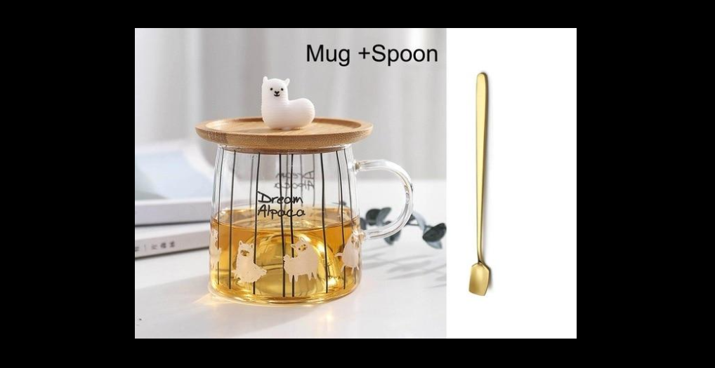 Adorable Alpaca Glass Mug with Bamboo Lid and Spoon, Heat-Resistant Cup 300ML