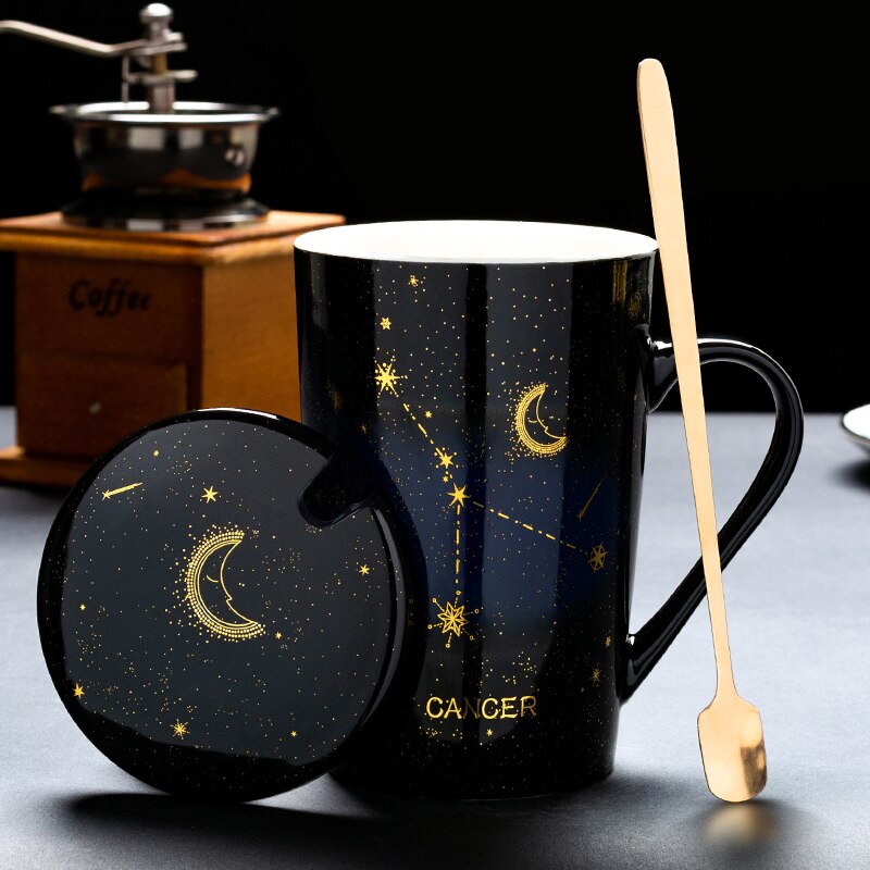 Zodiac Constellations Mugs With Spoon Lid Gold Starry Sky Ceramic