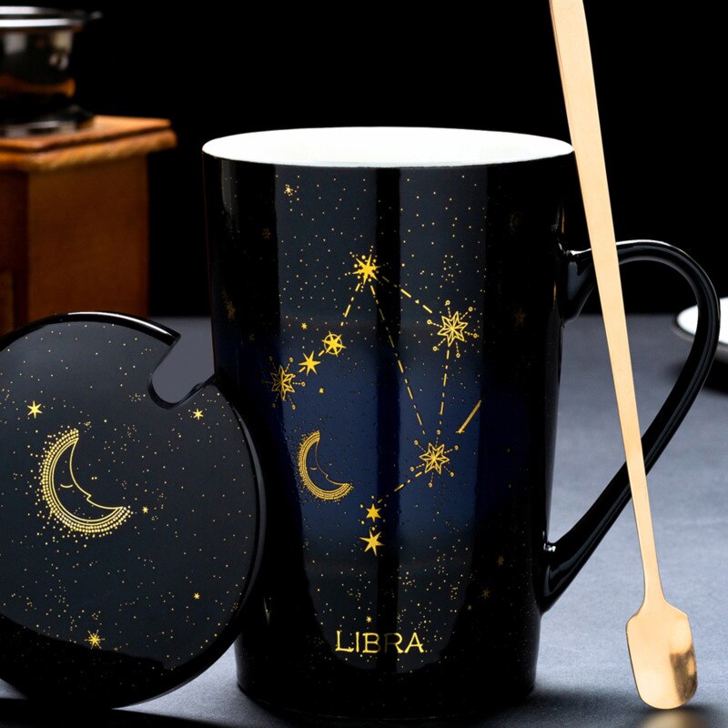 Zodiac Constellations Mugs With Spoon Lid Gold Starry Sky Ceramic