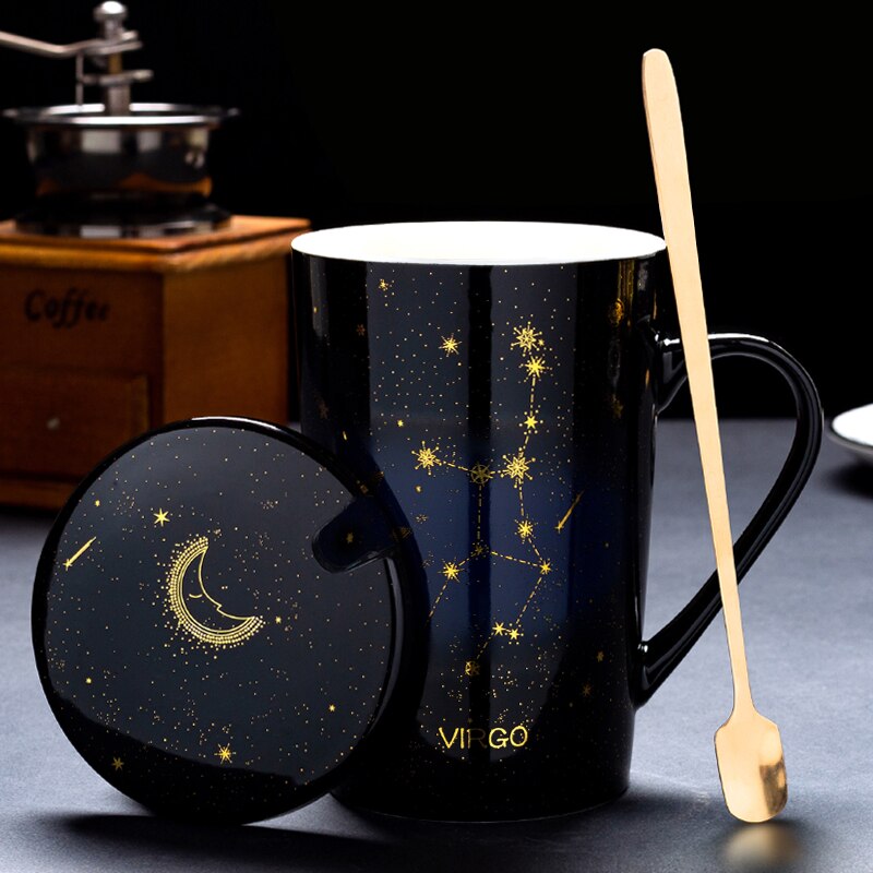 Zodiac Constellations Mugs With Spoon Lid Gold Starry Sky Ceramic