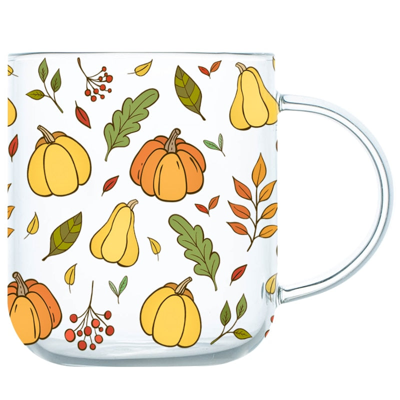 Heat-Resistant Glass Mug Cup Cute Coffee Mugs Lemon Mushroom Pumpkin Pattern 450ML