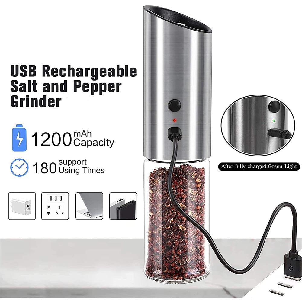 Electric Salt and Pepper Grinder USB Rechargeable Gravity Pepper Mill  Adjustable Coarseness Electric Mill Pepper Kitchen Tool