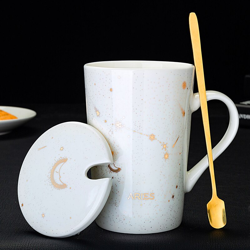 Zodiac Constellations Mugs With Spoon Lid Gold Starry Sky Ceramic