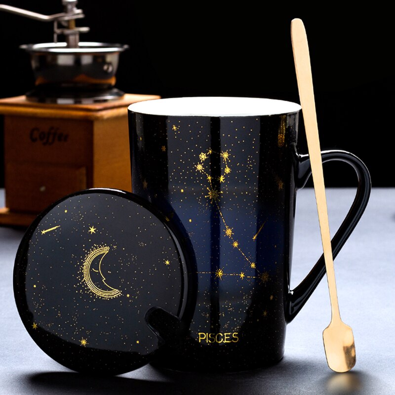 Zodiac Constellations Mugs With Spoon Lid Gold Starry Sky Ceramic