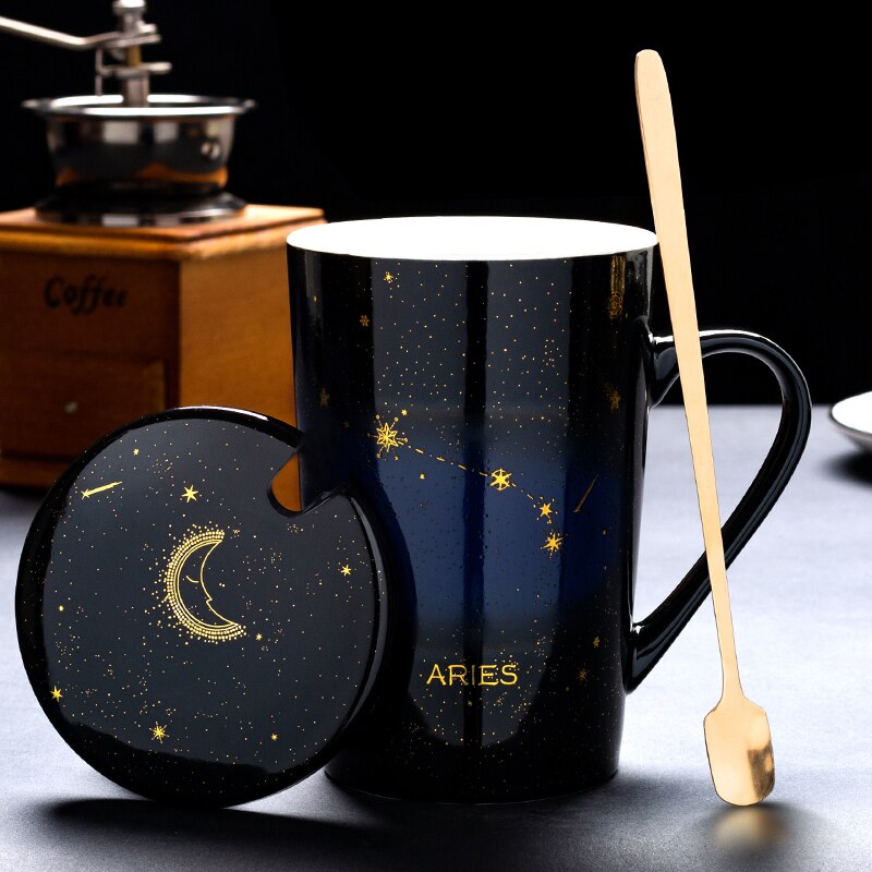 Zodiac Constellations Mugs With Spoon Lid Gold Starry Sky Ceramic