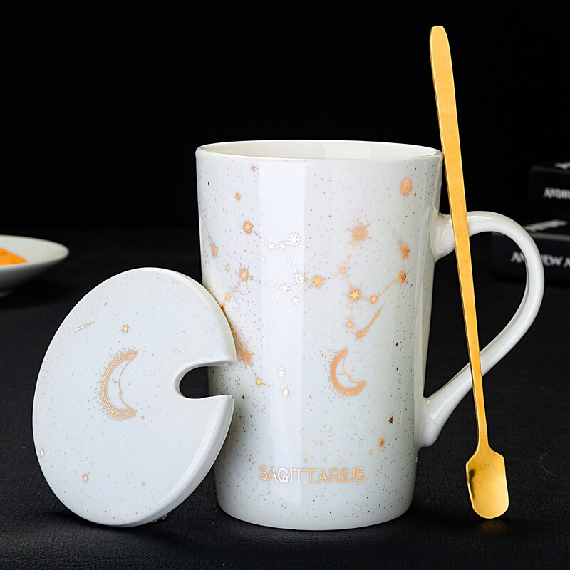 Zodiac Constellations Mugs With Spoon Lid Gold Starry Sky Ceramic