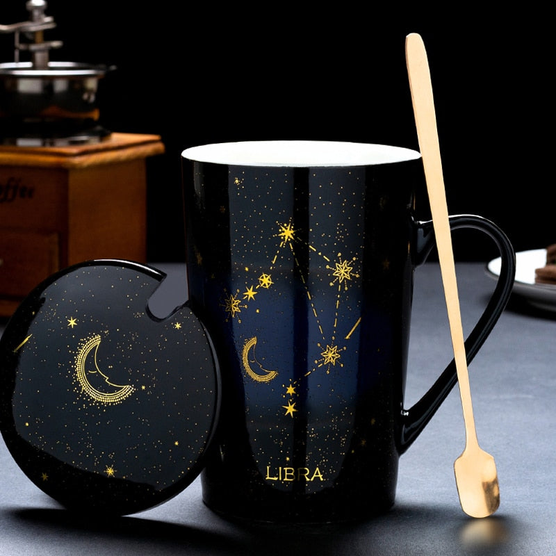 Zodiac Constellations Mugs With Spoon Lid Gold Starry Sky Ceramic