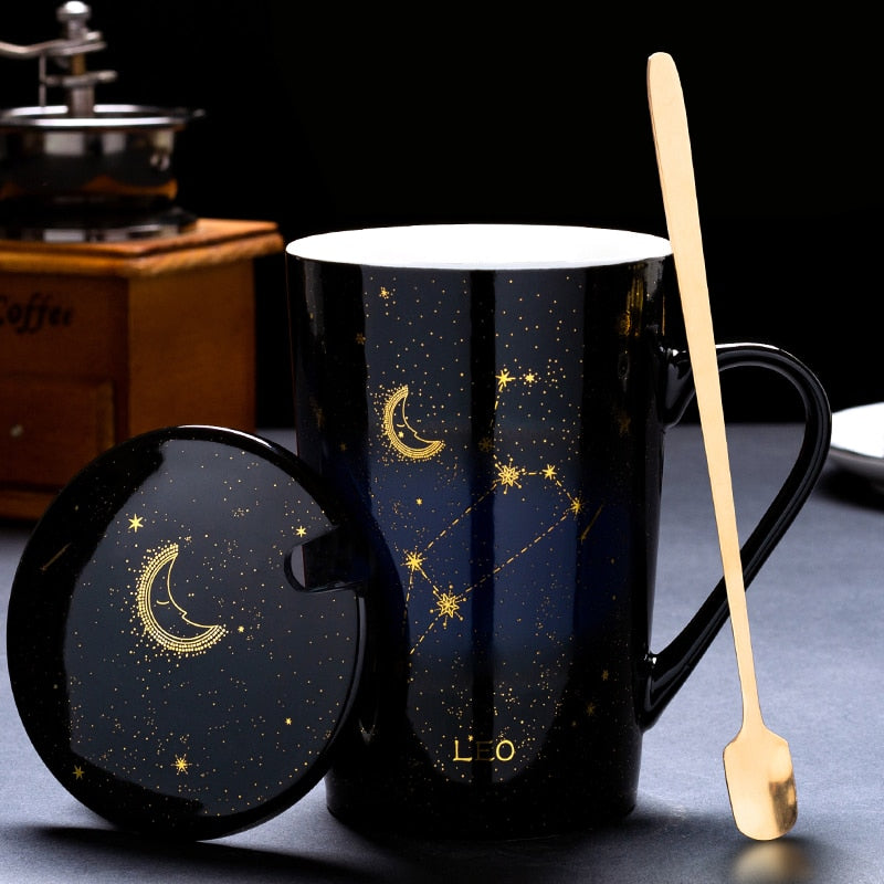 Zodiac Constellations Mugs With Spoon Lid Gold Starry Sky Ceramic