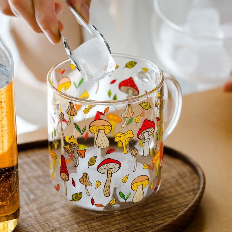 Heat-Resistant Glass Mug Cup Cute Coffee Mugs Lemon Mushroom Pumpkin Pattern 450ML