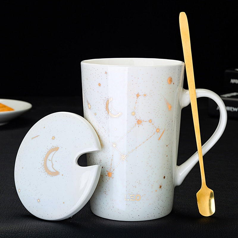 Zodiac Constellations Mugs With Spoon Lid Gold Starry Sky Ceramic