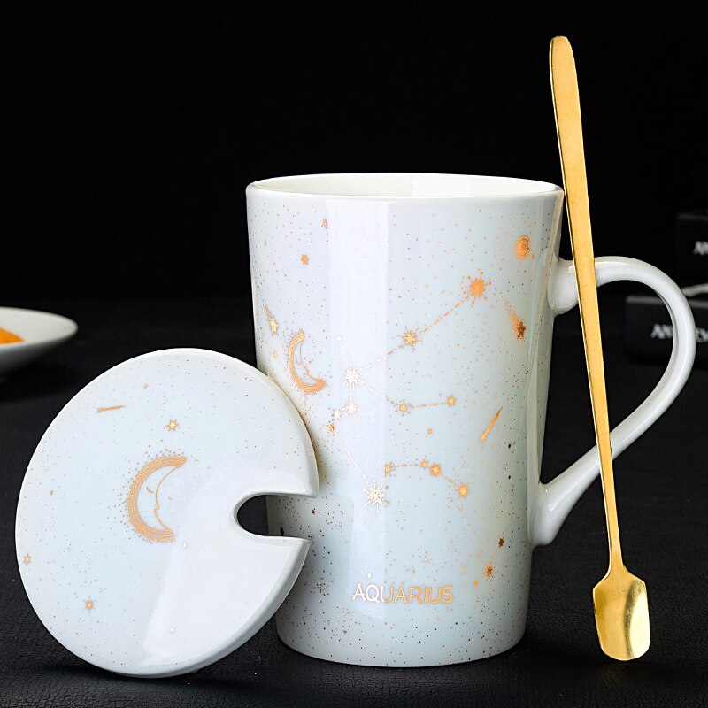 Zodiac Constellations Mugs With Spoon Lid Gold Starry Sky Ceramic