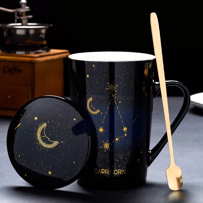 Zodiac Constellations Mugs With Spoon Lid Gold Starry Sky Ceramic