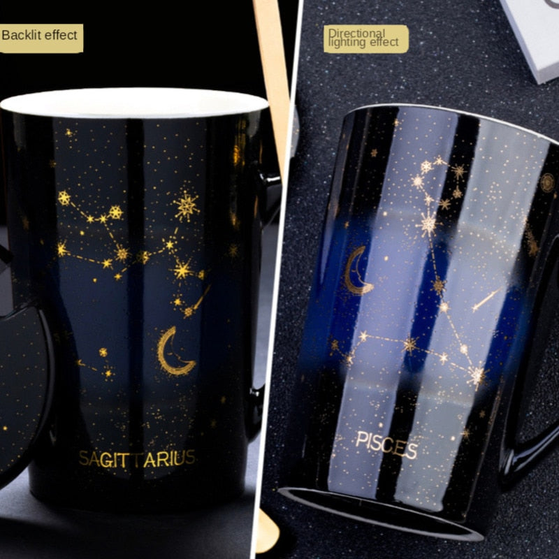 Zodiac Constellations Mugs With Spoon Lid Gold Starry Sky Ceramic