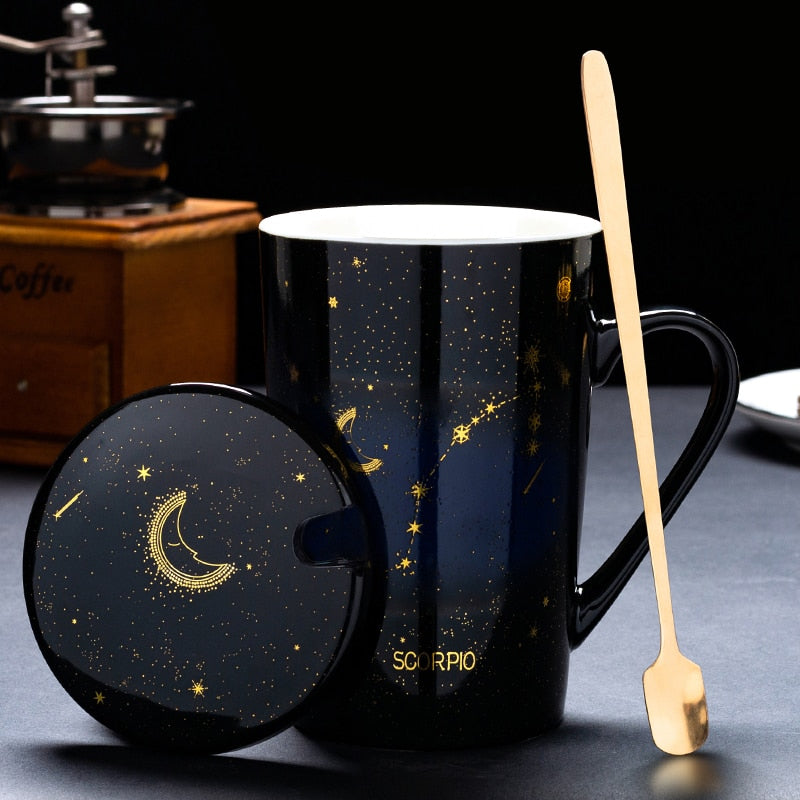 Zodiac Constellations Mugs With Spoon Lid Gold Starry Sky Ceramic