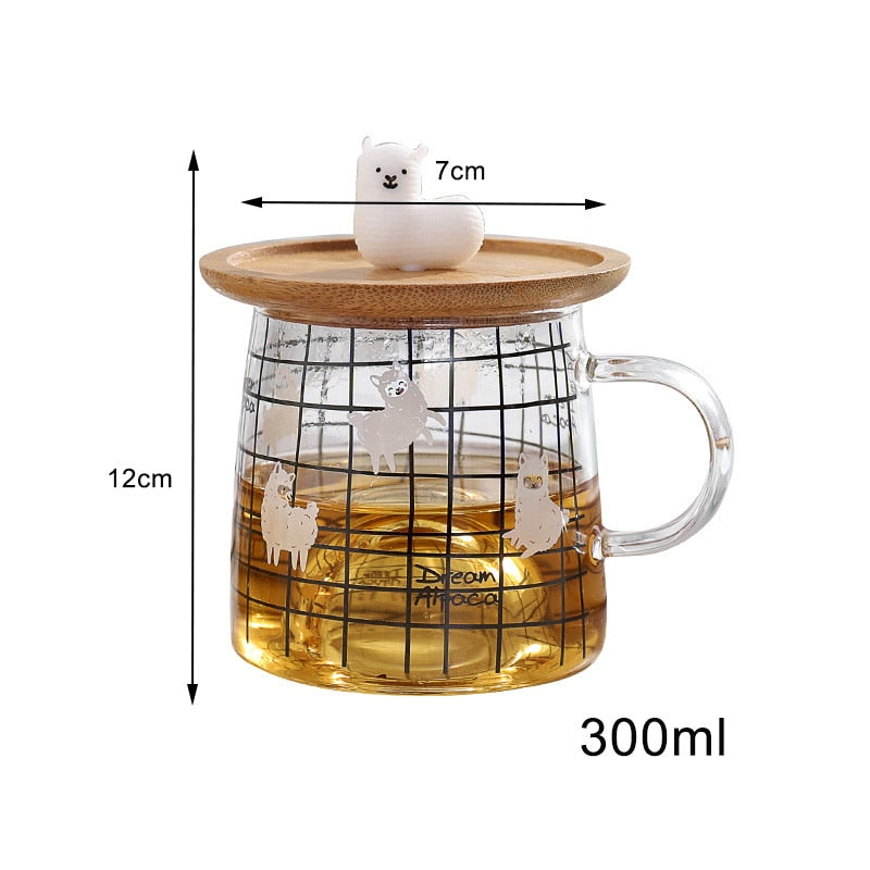Adorable Alpaca Glass Mug with Bamboo Lid and Spoon, Heat-Resistant Cup 300ML