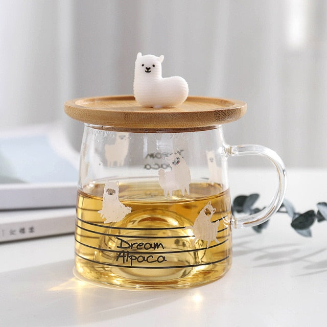 Adorable Alpaca Glass Mug with Bamboo Lid and Spoon, Heat-Resistant Cup 300ML