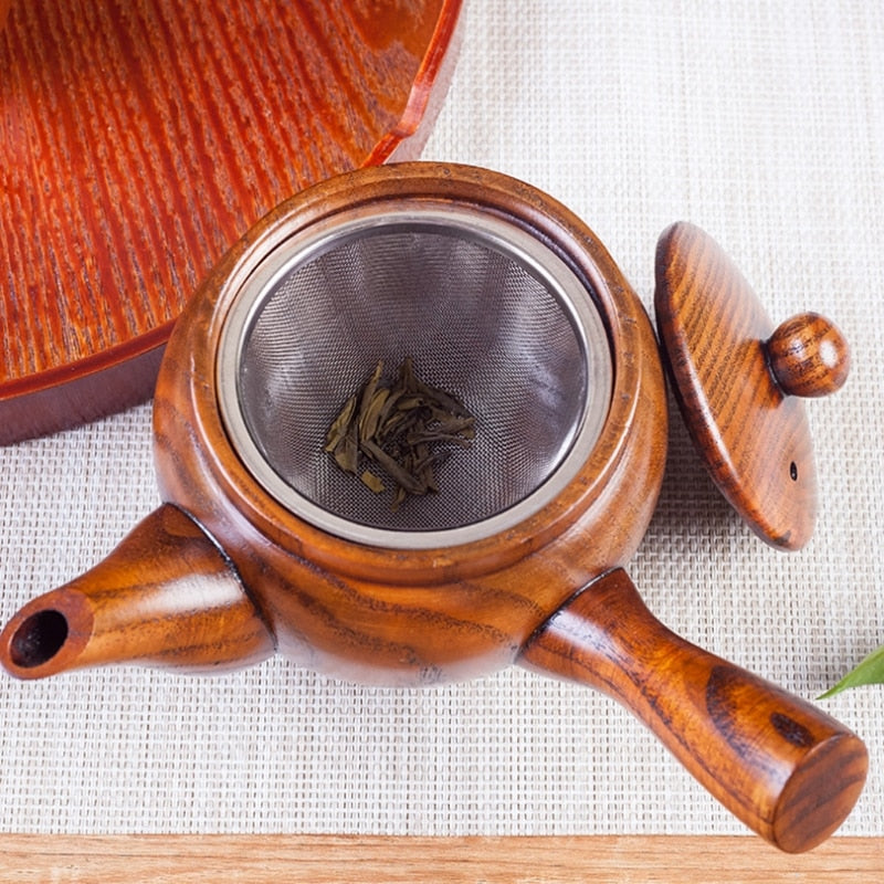 A BEAUTIFUL JAPANESE KYUSU TEAPOT IN WOOD: Nature Wooden Teapot Long Handle Portable Coffee Tea Maker Pot Kettle