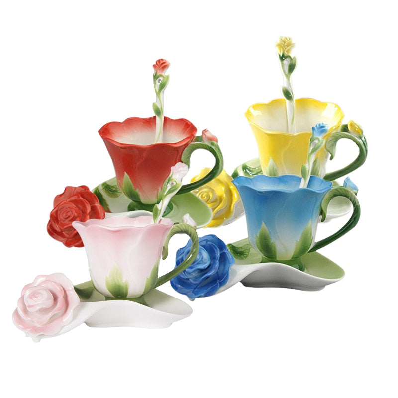 Rose Shape Flower Enamel Ceramic Coffee Tea Cup and Saucer Spoon