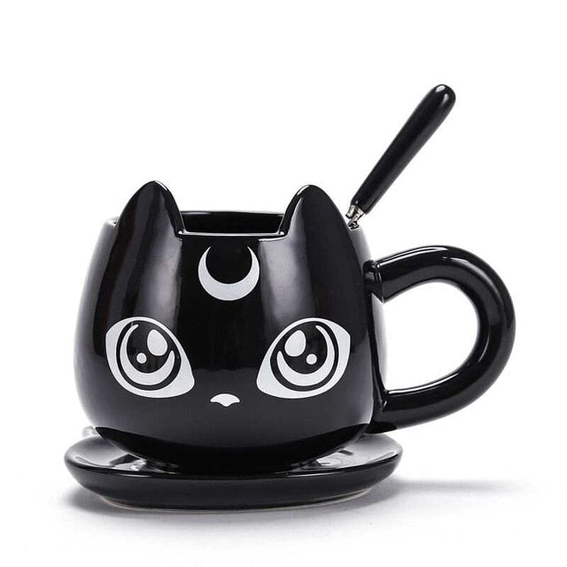 Black Cat Ceramics Cups Right and Left Handed Tea Coffee Mug With Tray and Spoon