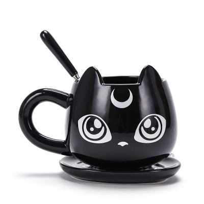 Black Cat Ceramics Cups Right and Left Handed Tea Coffee Mug With Tray and Spoon