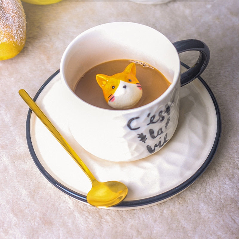 Cat Relief Ceramics Mug With Tray Coffee Milk Tea Handle Porcelain Cup