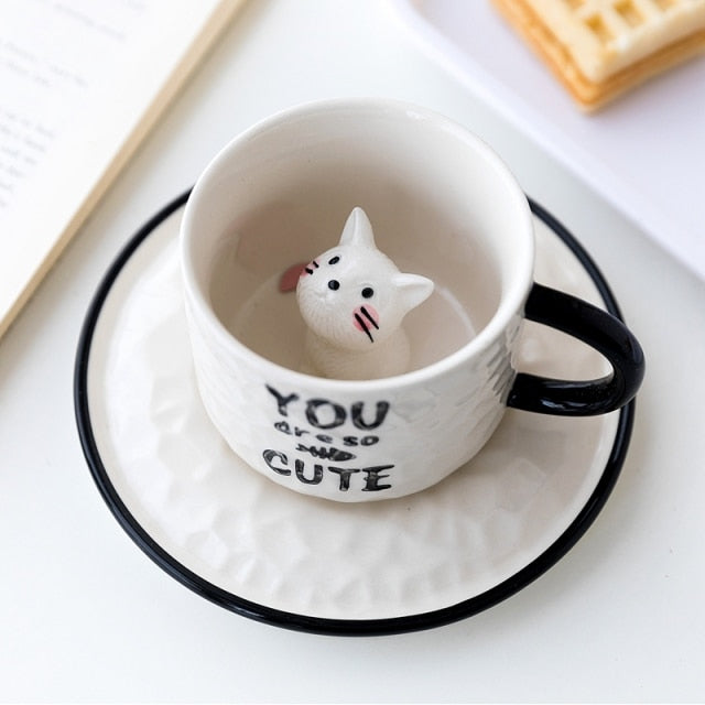 Cat Relief Ceramics Mug With Tray Coffee Milk Tea Handle Porcelain Cup
