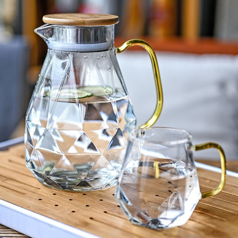 Nordic Style Glass Carafe Water Pitcher with Wood Lid Cold Drinks