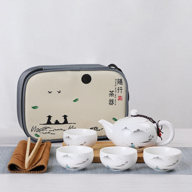 White Ceramic Traditional Kung Fu Travel Tea Set Teapot