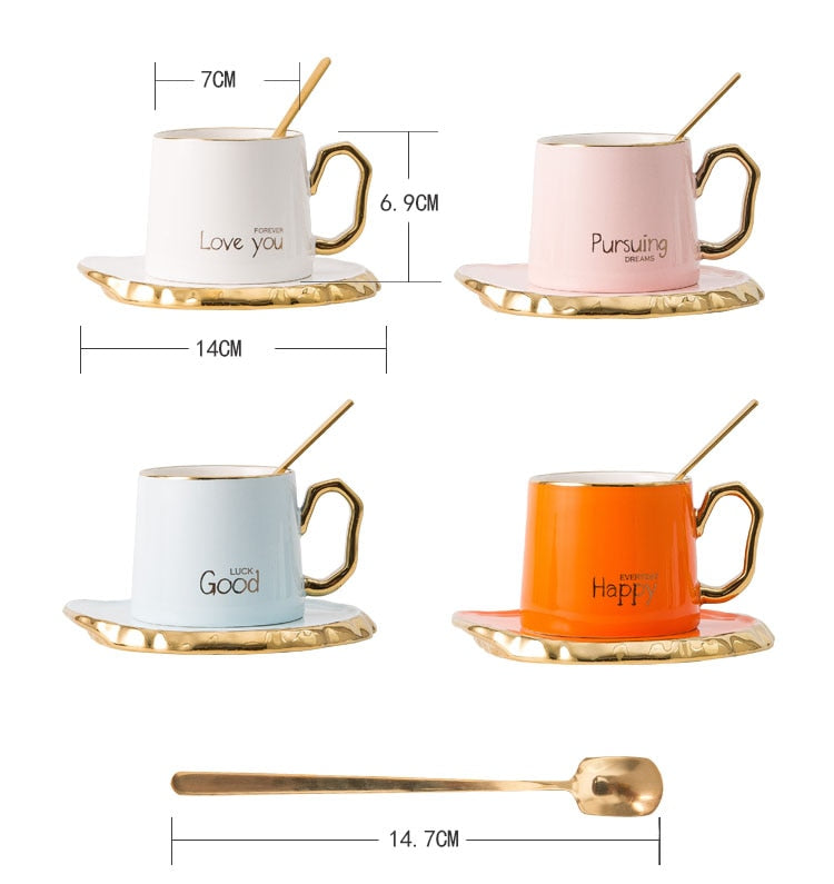 Luxury Coffee Cup and Saucer with Glod Handle and Coffee Spooon Set Ceramic Mug Afternoon Tea Cup Gift 180ml