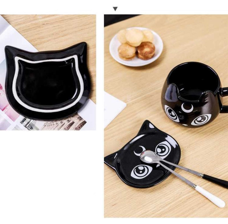 Black Cat Ceramics Cups Right and Left Handed Tea Coffee Mug With Tray and Spoon