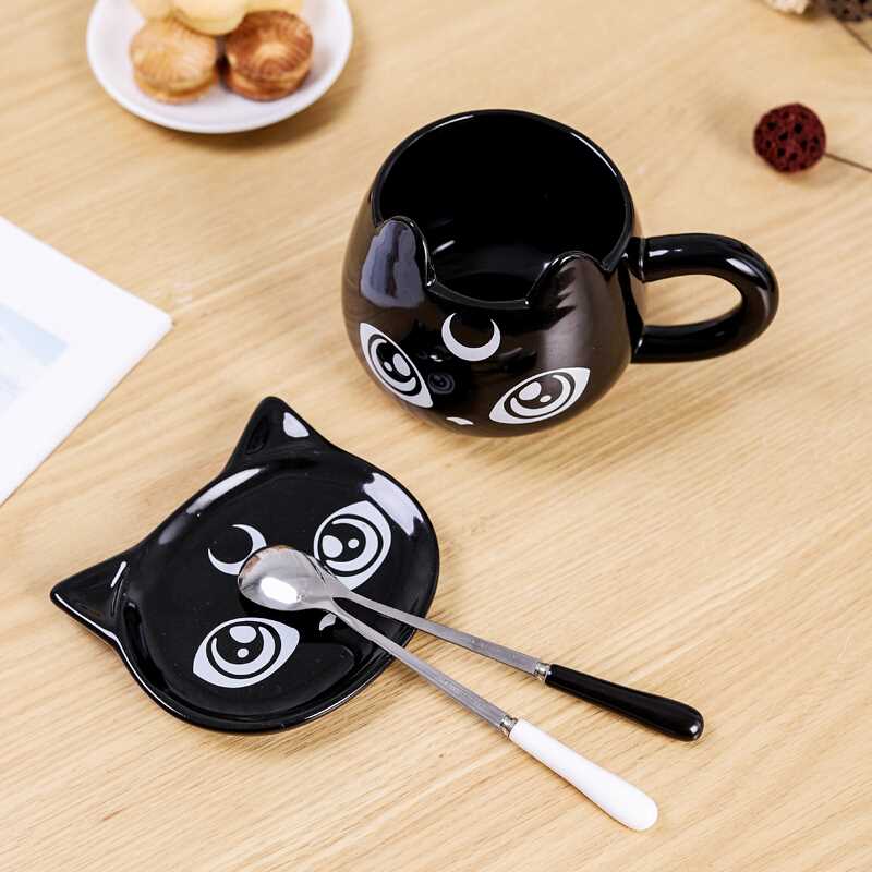 Black Cat Ceramics Cups Right and Left Handed Tea Coffee Mug With Tray and Spoon