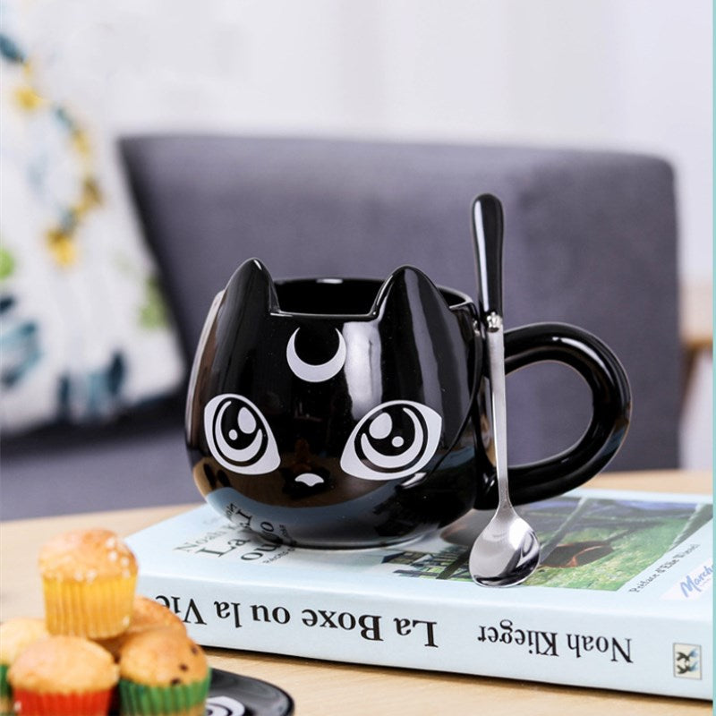 Black Cat Ceramics Cups Right and Left Handed Tea Coffee Mug With Tray and Spoon