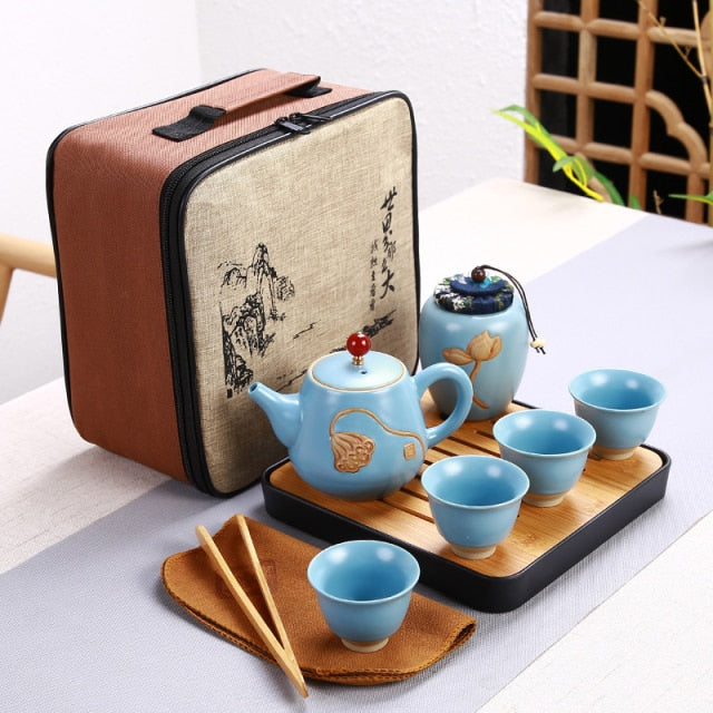 Flower Ceramic Kung Fu Travel Tea Set for 4