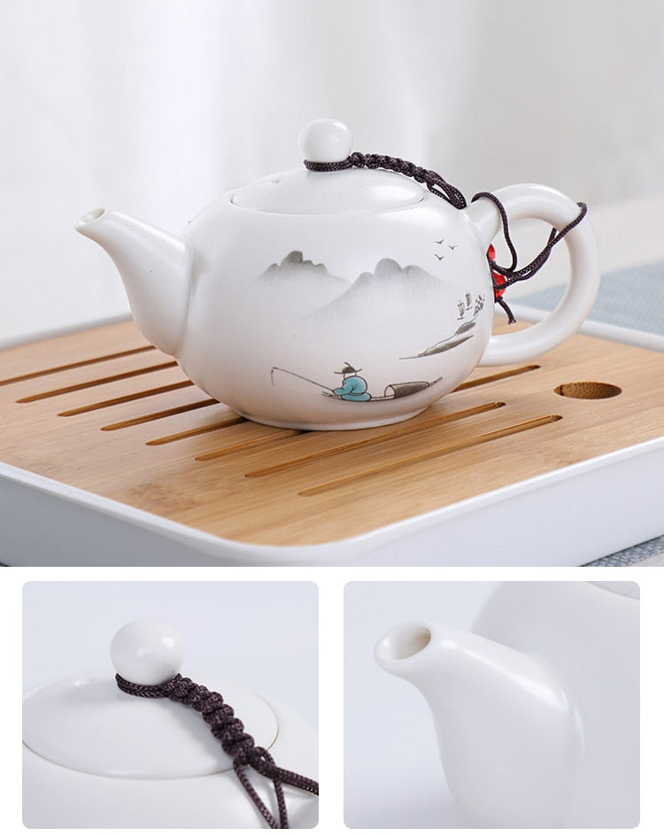 White Ceramic Traditional Kung Fu Travel Tea Set Teapot