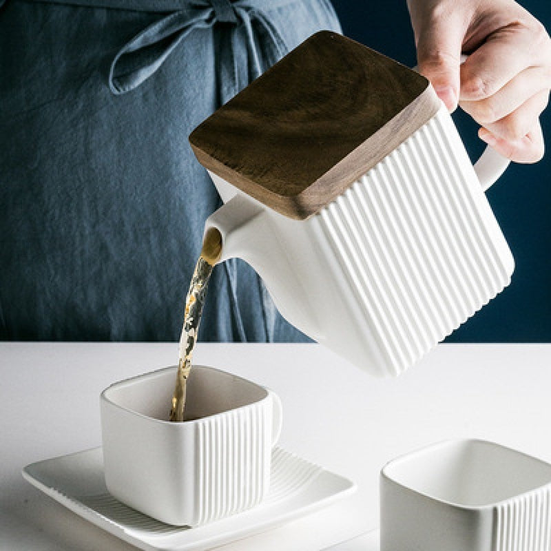 Nordic Ceramic Square Straight Grain Acacia Wood Cover Tea Set Coffee